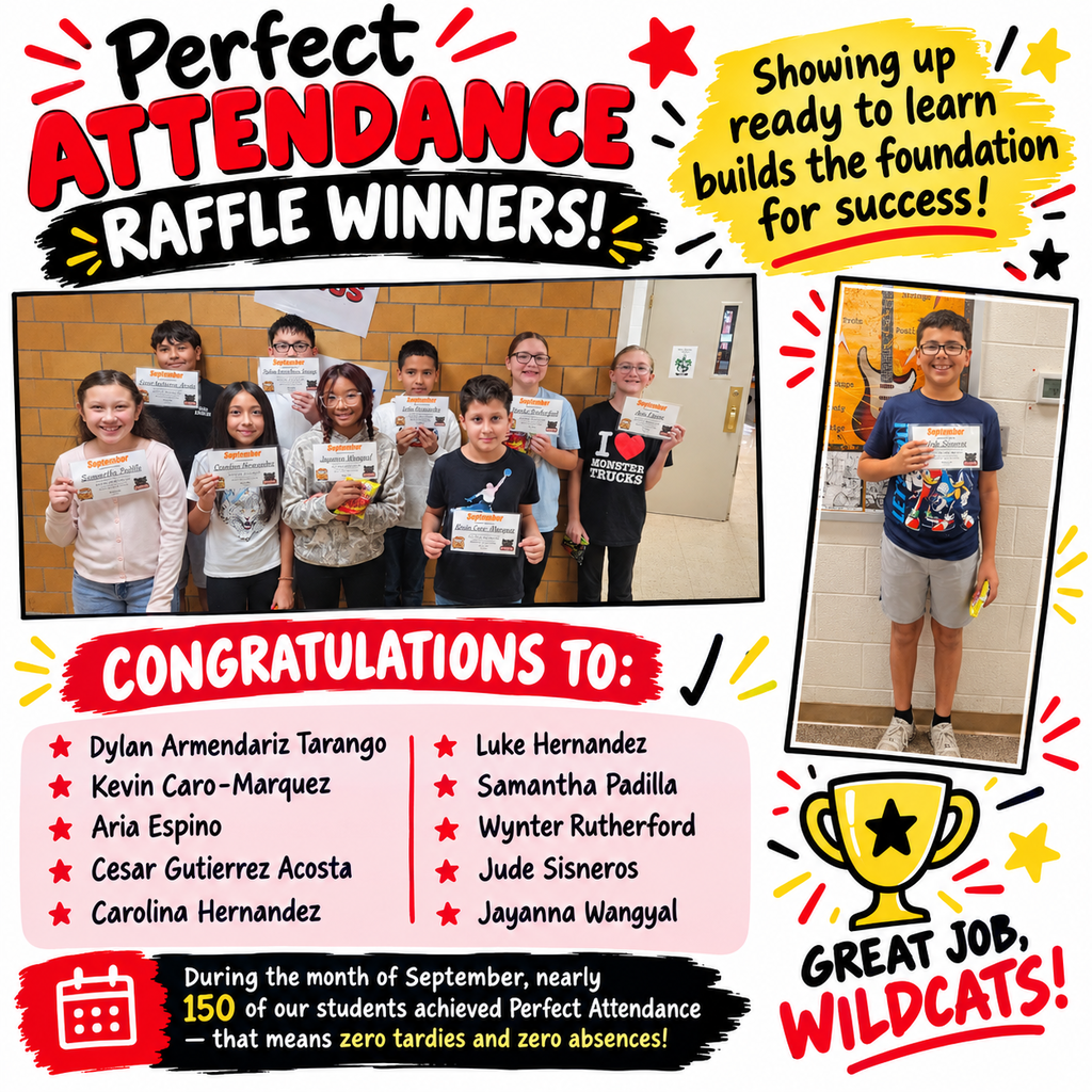Showing up ready to learn builds the foundation for success. During the month of September, nearly 150 of our students achieved Perfect Attendance—that means zero tardies and zero absences! To celebrate that dedication, every student with 100% attendance was entered into our monthly raffle. The following students received prizes today. Congratulations to: Dylan Armendariz Tarango Kevin Caro-Marquez Aria Espino Cesar Gutierrez Acosta, Carolina Hernandez Luke Hernandez Samantha Padilla Wynter Rutherford Jude Sisneros Jayanna Wangyal