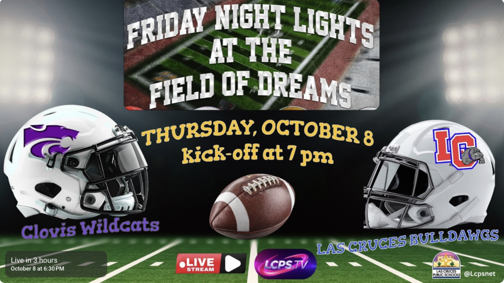 A sports poster with two helmets and a football on a field. One helmet has the letter "C" and the other "LG".