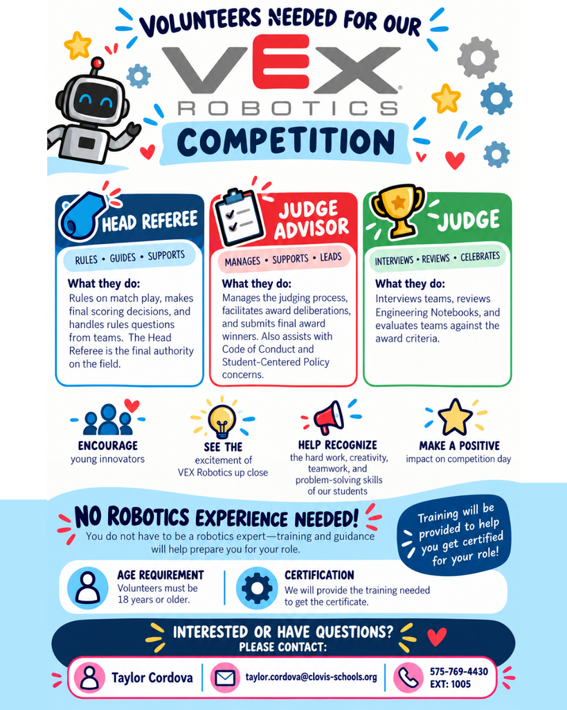 A poster for volunteers for the VEX Robotics Competition. It lists roles: Head Referee, Judge Advisor, Judges, and provides descriptions for each.