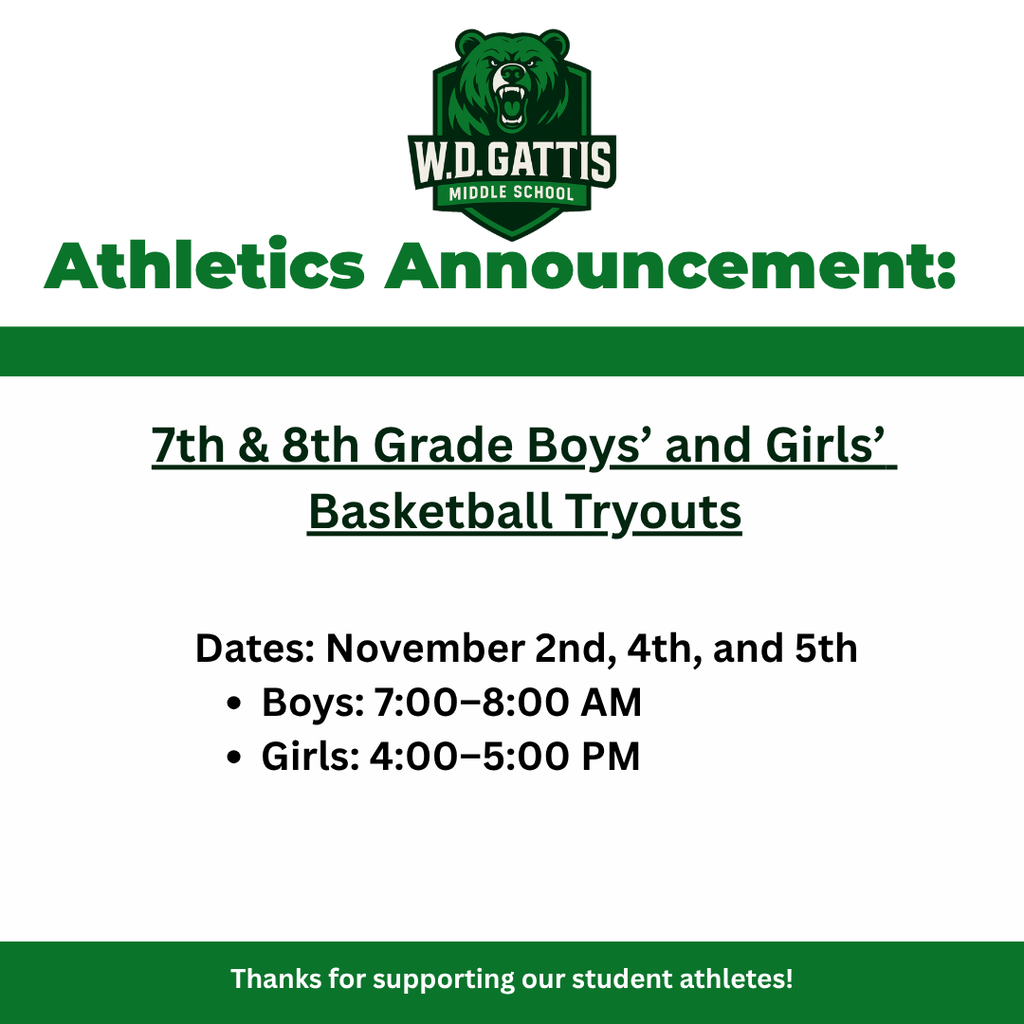 A green and white sports announcement poster has a bear logo. It announces 7th and 8th grade basketball tryouts.