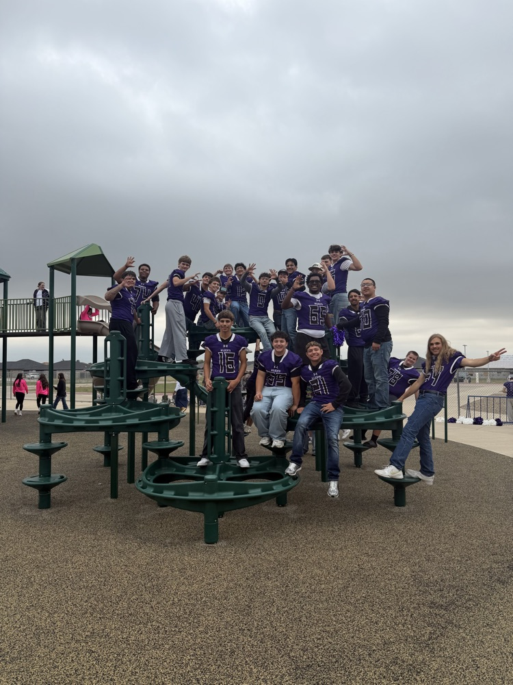 A group of people in matching purple uniforms pose on playground equipment; one holds a camera.
