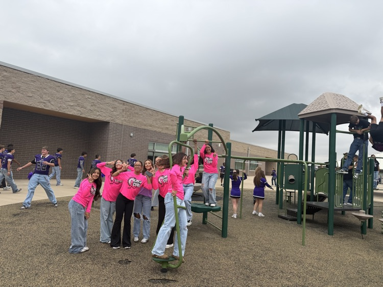 A group of people in pink shirts stand near playground equipment, with a building in the background.