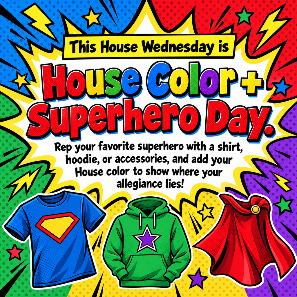 This House Wednesday is House Color + Superhero Day. Rep your favorite superhero with a shirt, hoodie, or accessories, and add your House color to show where your allegiance lies!