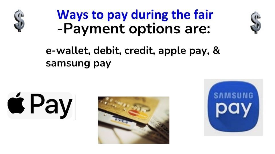 White background displays payment options text and logos for e-wallet, debit, credit, Apple Pay, and Samsung Pay.