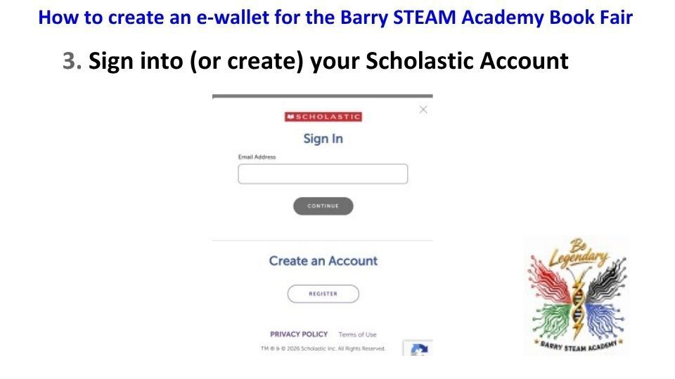 Instruction for creating an e-wallet displays a Scholastic Account login screen with a colorful butterfly logo.