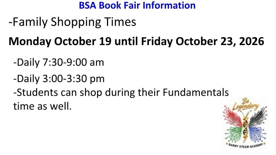 A white page with black text includes "BSA Book Fair Information" and shopping times from October 19 to October 23.