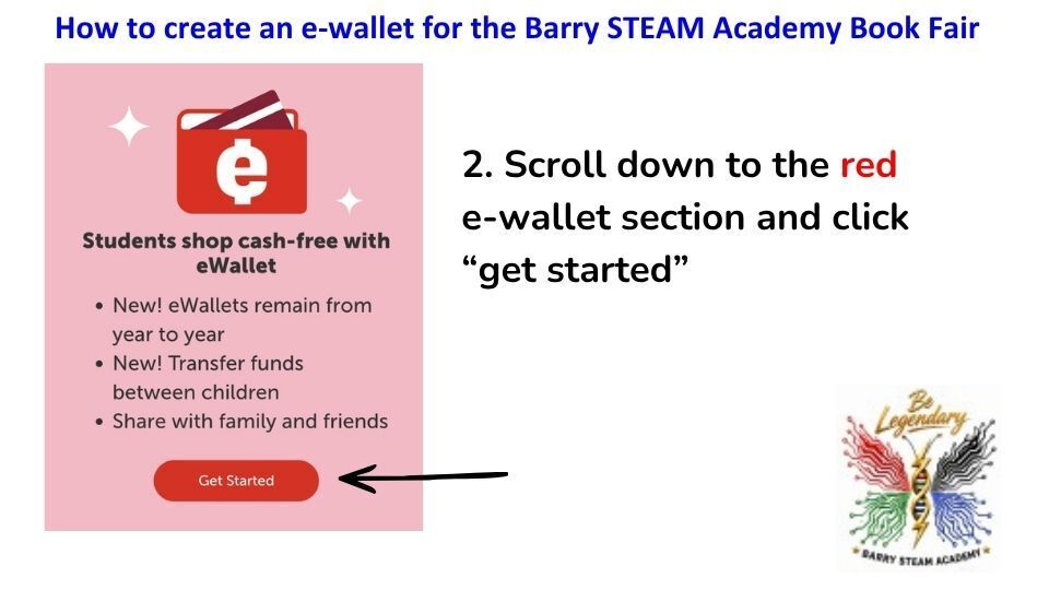 Tutorial on creating an e-wallet for Barry STEAM Academy Book Fair, with a red e-wallet section, steps, and a colorful logo.