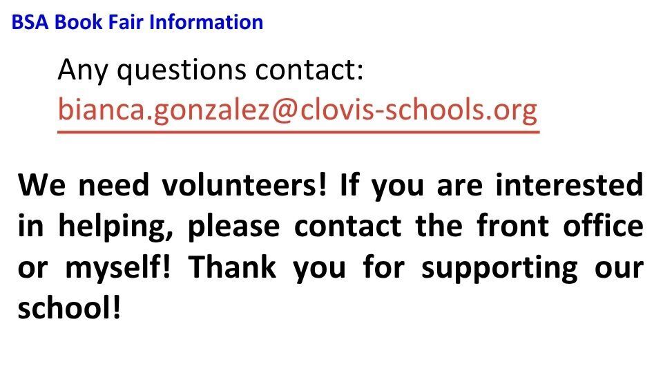 Text on a white background includes a contact email, a call for volunteers, and a thank you for supporting the school.
