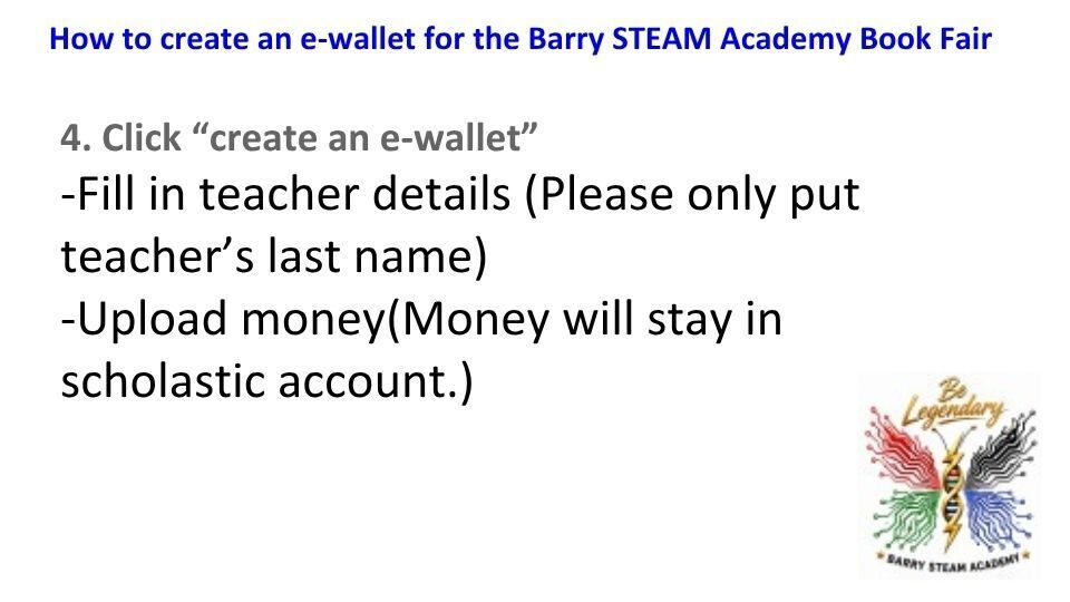A white page with instructions on creating an e-wallet for an event, including steps to click, fill in details, and upload money.