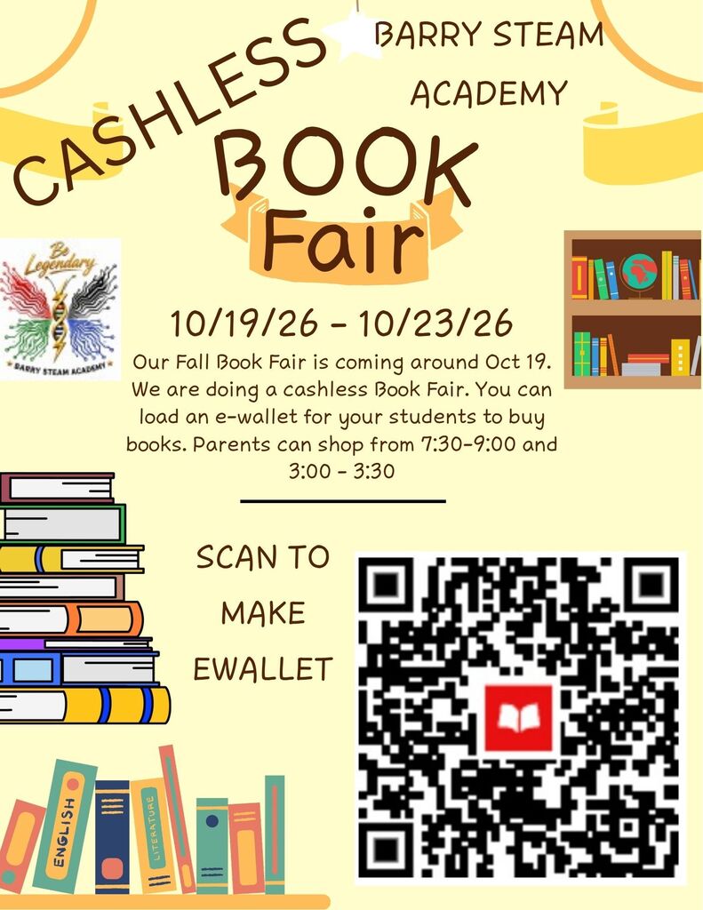Book fair announcement with QR code. Event runs Oct 19-23. Load e-wallet for students to buy books.