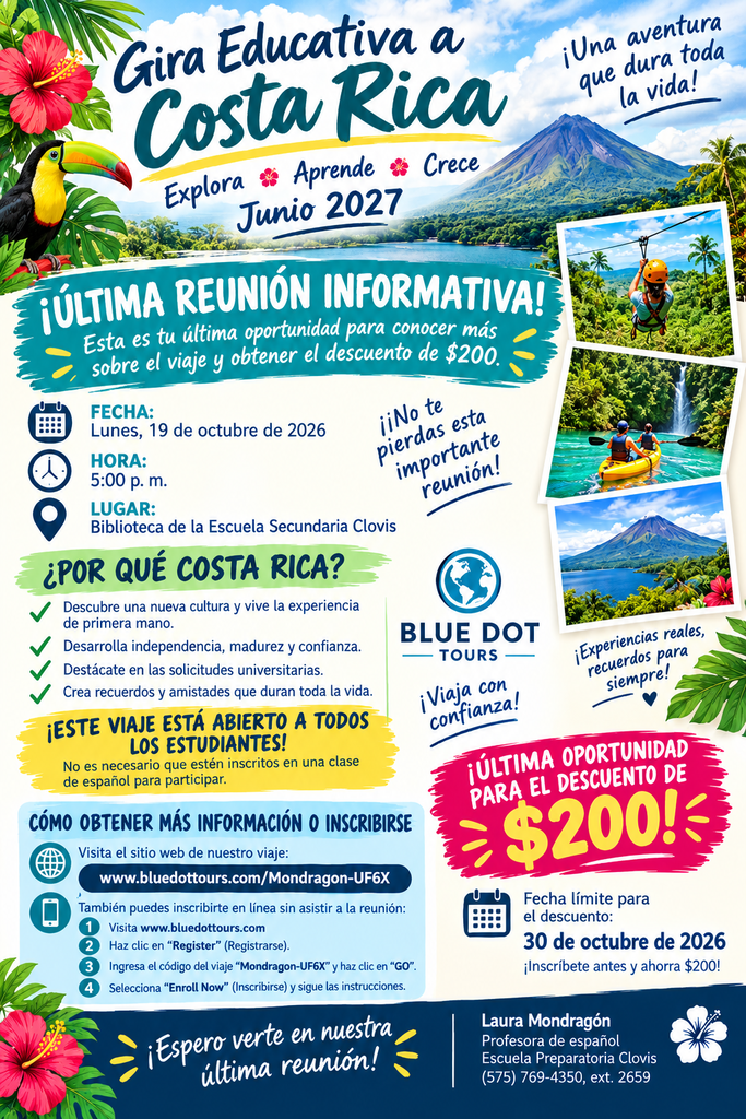 A colorful flyer promoting an educational trip to Costa Rica. It features images of jungles, waterfalls, and wildlife. Dates are October 19, 2026.