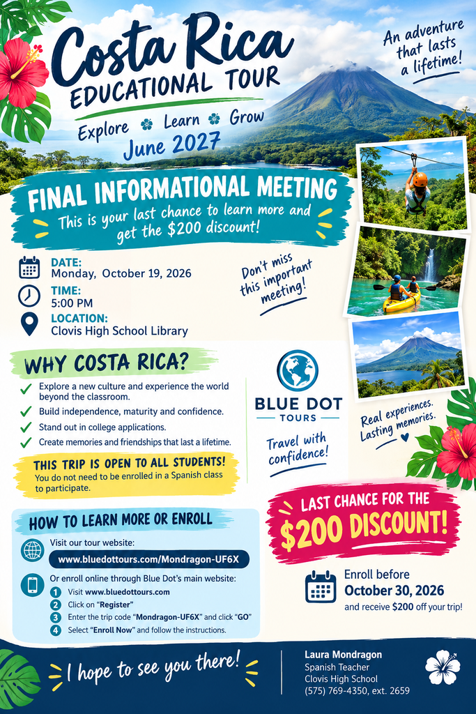 An advertisement for the Costa Rica Educational Tour in June 2027. It shows photos of nature and adventure.