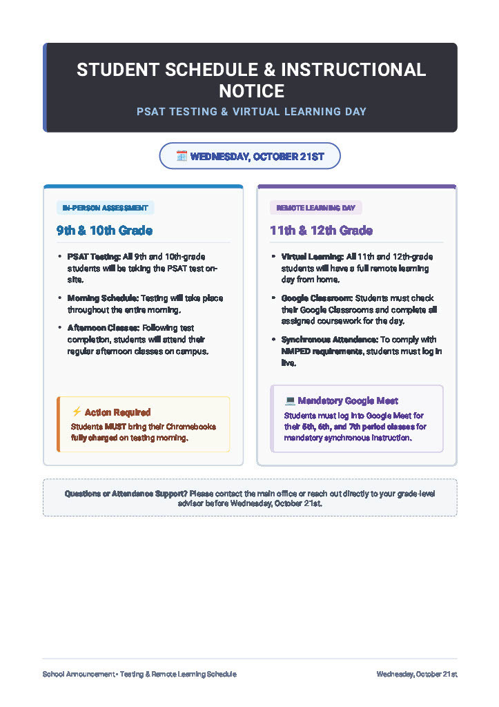 A school notice about an upcoming test day. It is dated for Wednesday, October 21st, with details about the test and remote learning.