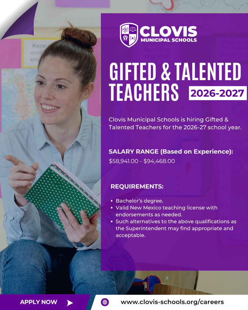 Woman holding book and smiling. "Clovis Municipal Schools Gifted & Talented Teachers 2026-2027" and "Salary Range" text.