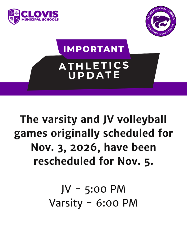 A white page with purple lines reads "Important Athletics Update" and lists rescheduled dates for JV and varsity volleyball games.