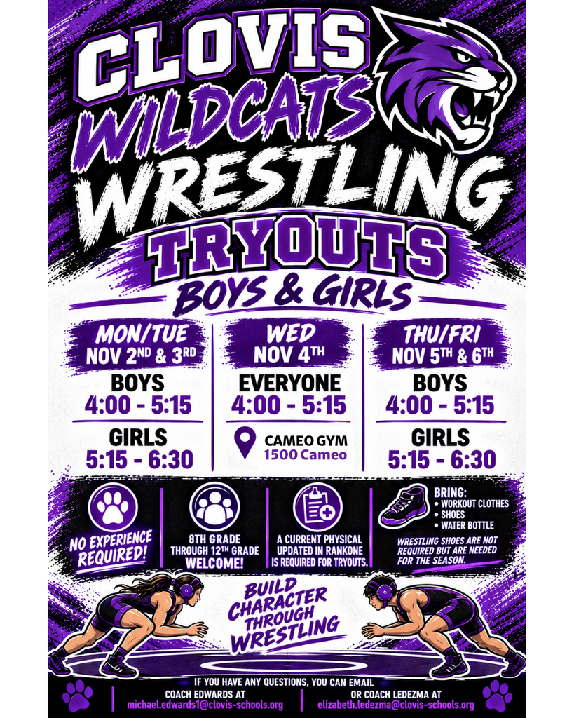 Purple poster with white text and a cat head. It shows wrestling tryout schedule for boys and girls.