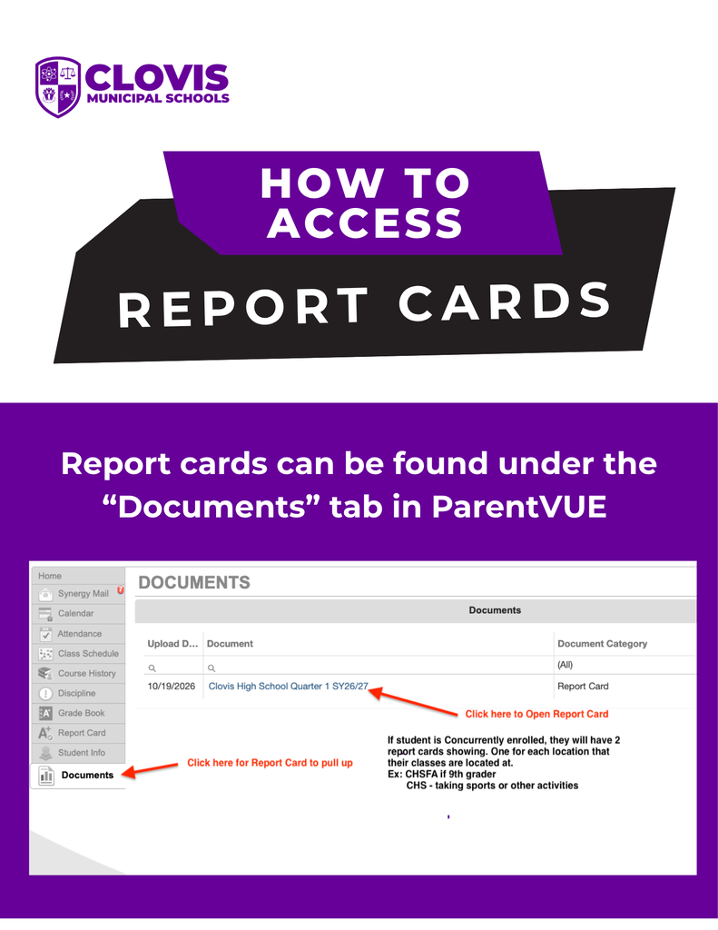 Purple and white banner reads "How to Access Report Cards" with a red arrow pointing to "Click here for Report Card."