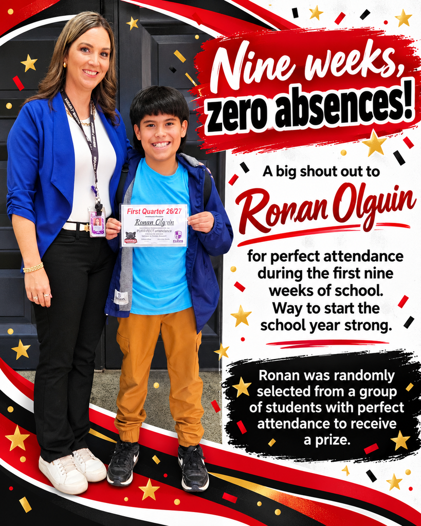 Nine weeks, zero absences! A big shout out to Ronan Olguin for perfect attendance during the first nine weeks of school. Way to start the school year strong. Ronan was randomly selected from a group of students with perfect attendance to receive a prize. (picture of Ronan and Principal Baker)