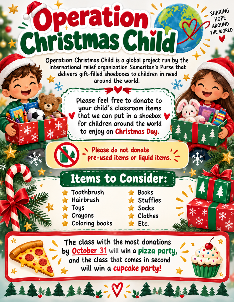 Holiday graphic for a charity drive, inviting donations for children in need. Children pictured holding gifts.