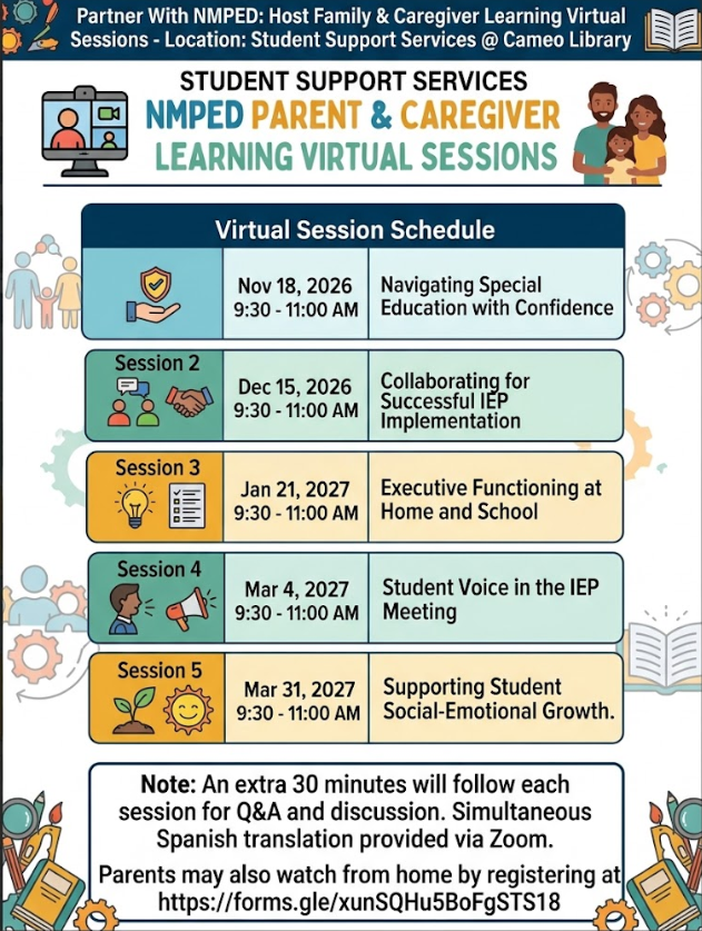 A poster with a grid of six sessions, each with a date, time, and description. Icons represent each session.