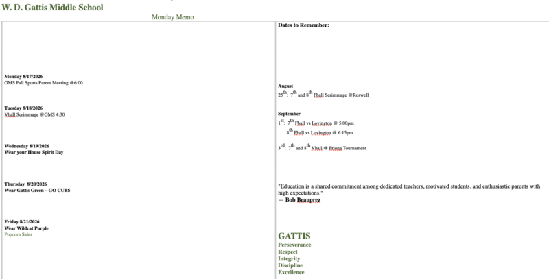Gattis Weekly Schedule