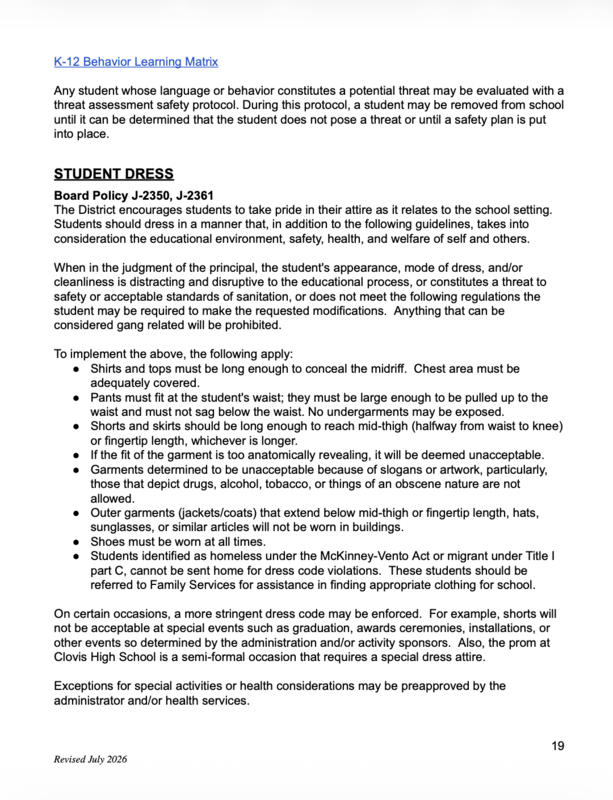 Student handbook page 19 dress code