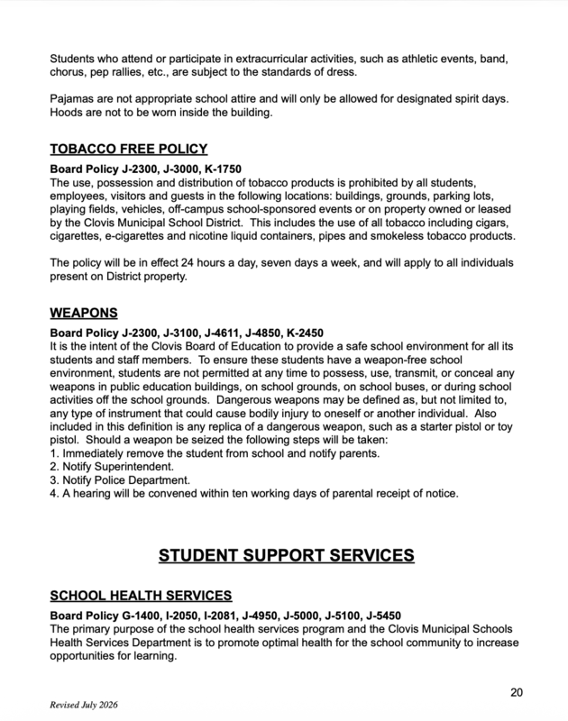 Student handbook page 20 dress code