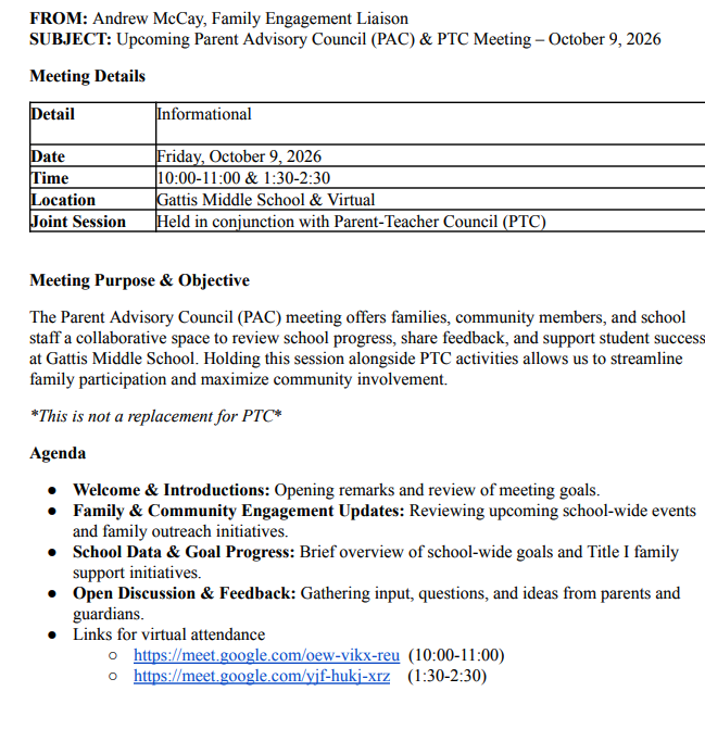 Screenshot of the PAC meeting agenda