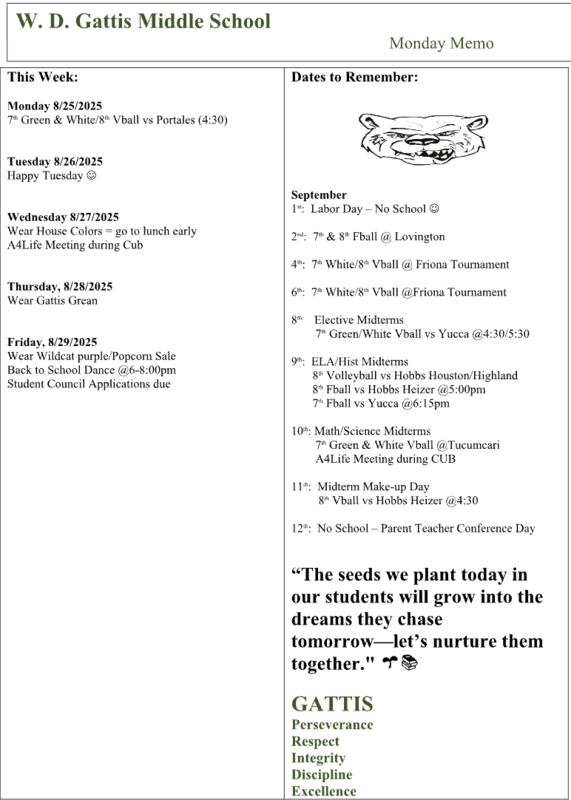 Gattis Weekly Schedule