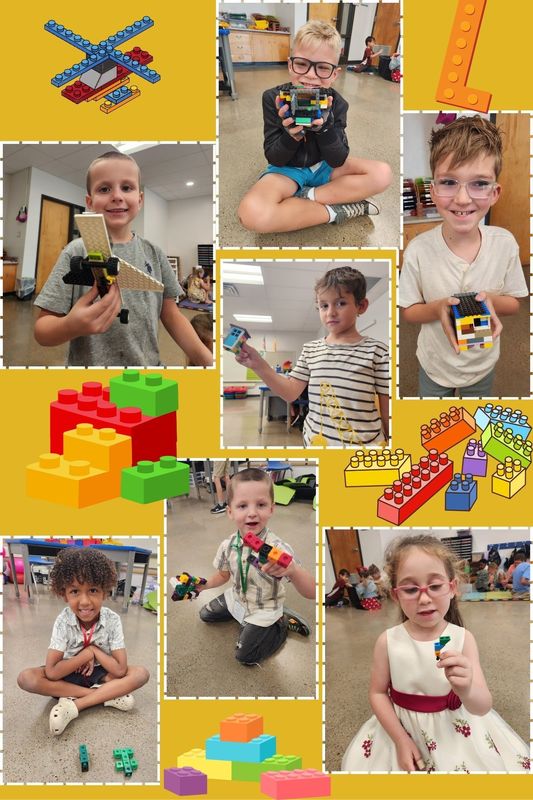 A collage of kids building with legos