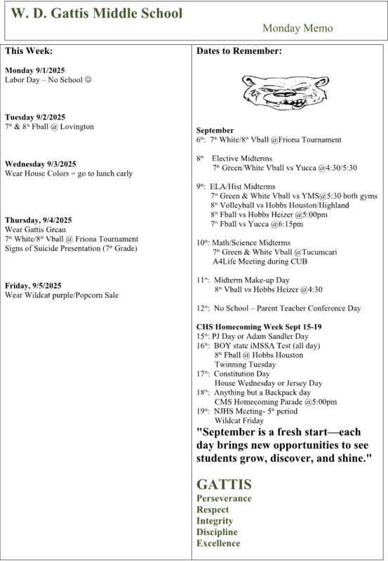 Screenshot of weekly events happening at Gattis