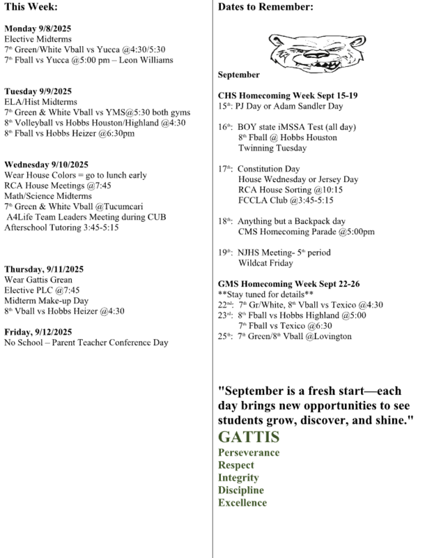 Gattis Weekly Schedule