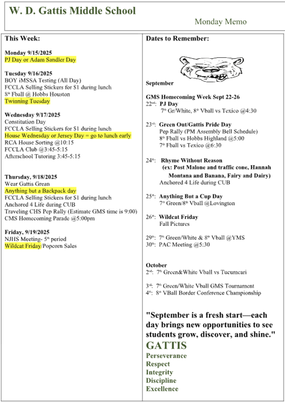 Screenshot of weekly events happening at Gattis