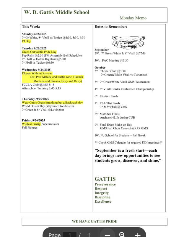 Screenshot of weekly events happening at Gattis