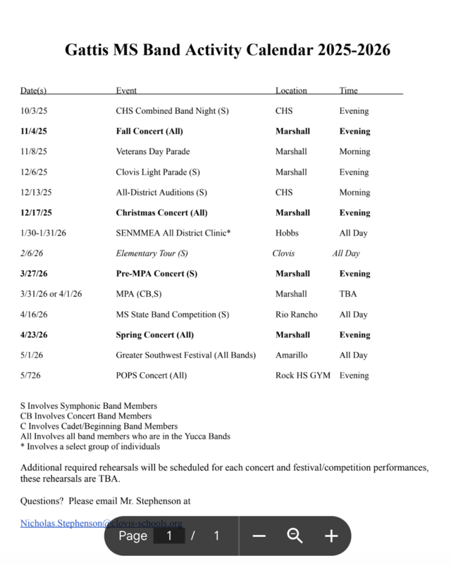 band activity calendar