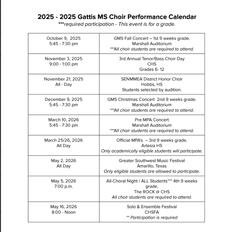 Choir performance calendar