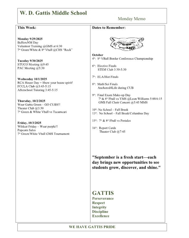 Screenshot of weekly events happening at Gattis