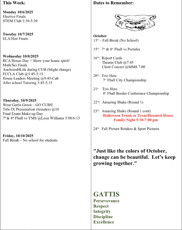 Screenshot of weekly events happening at Gattis