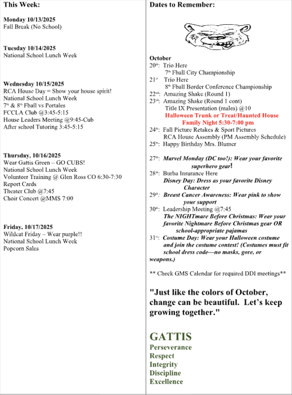 Screenshot of weekly events happening at Gattis