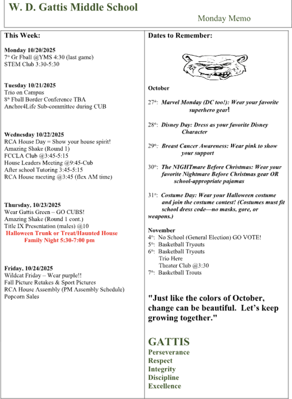 Screenshot of weekly events happening at Gattis