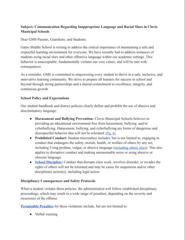 Communication Regarding Inappropriate Language and Racial Slurs in Clovis Municipal Schools