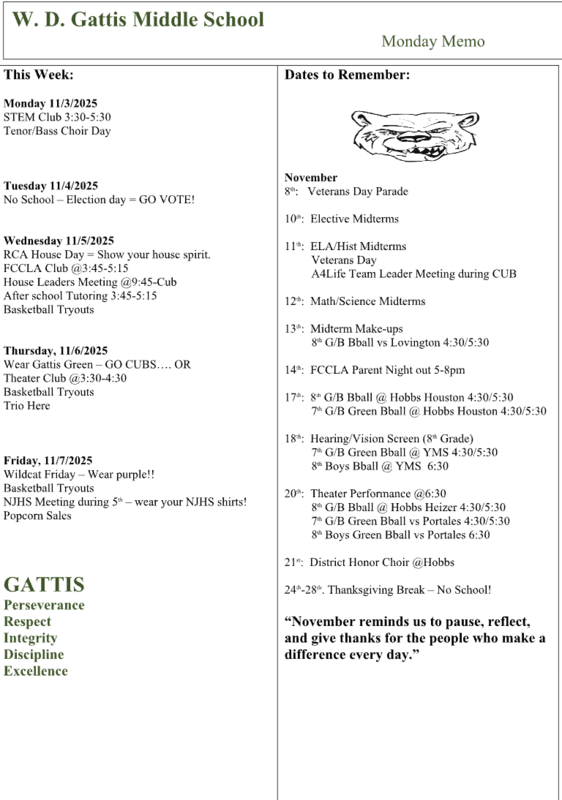 Screenshot of weekly events happening at Gattis