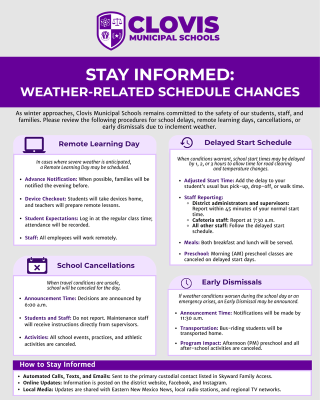 Flyer for Stay informed: Weather-related schedule changes;.