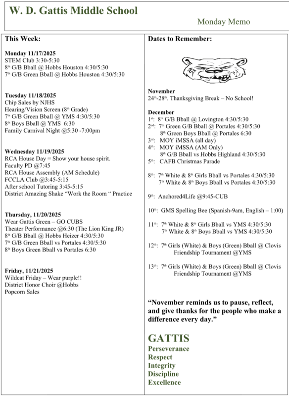 Screenshot of weekly events happening at Gattis