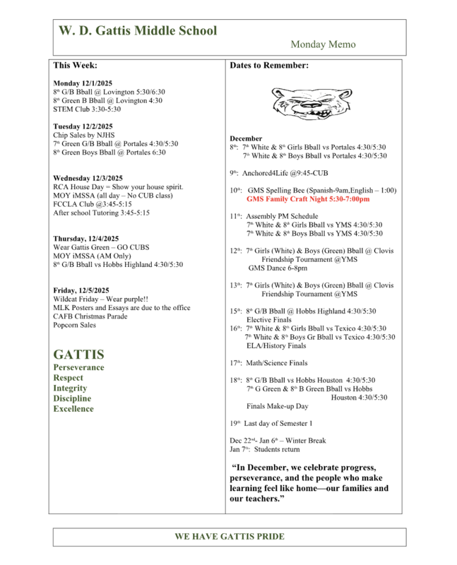 Screenshot of weekly events happening at Gattis