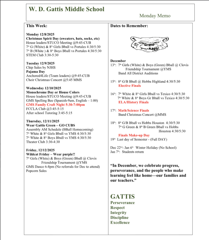 Screenshot of weekly events happening at Gattis