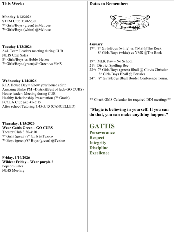 Screenshot of weekly events happening at Gattis