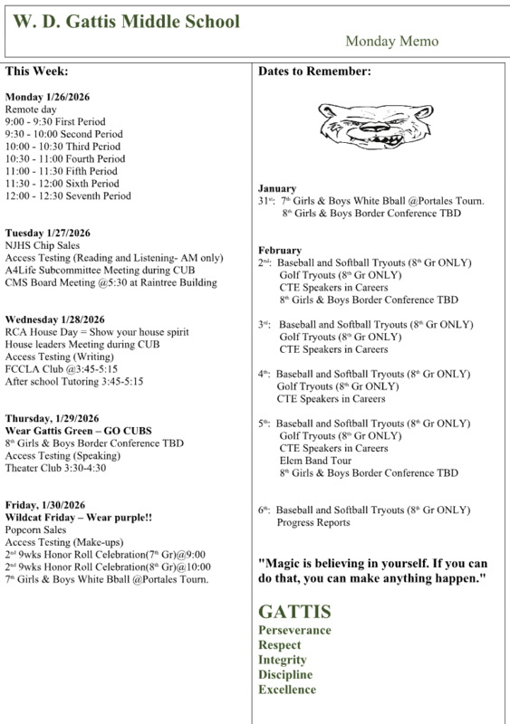 Screenshot of weekly events happening at Gattis