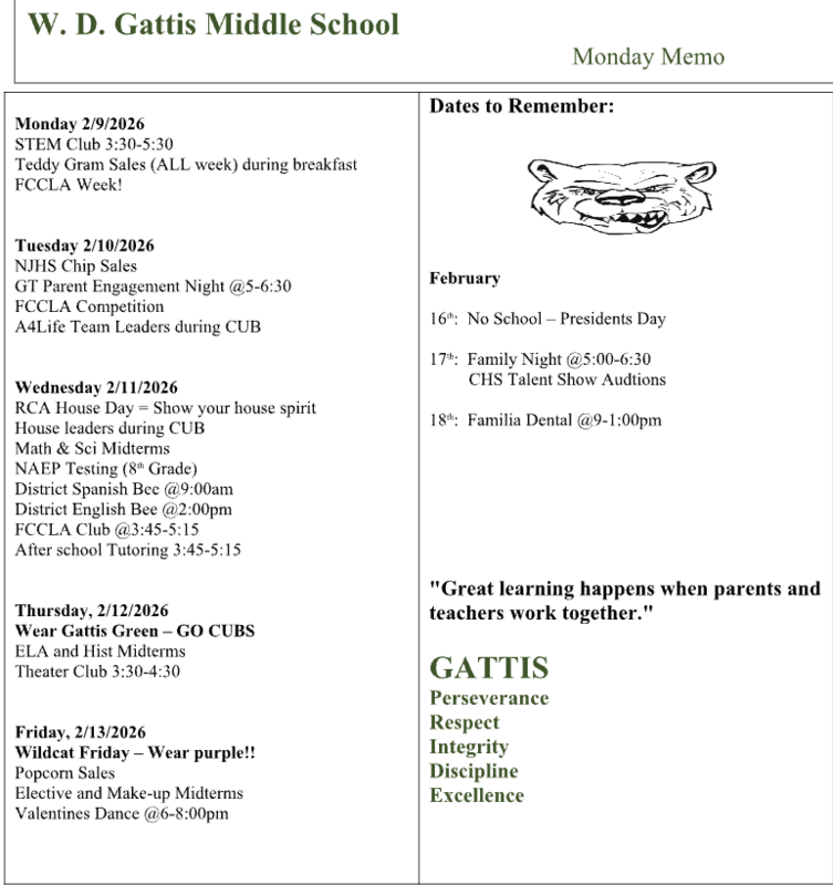 Screenshot of weekly events happening at Gattis