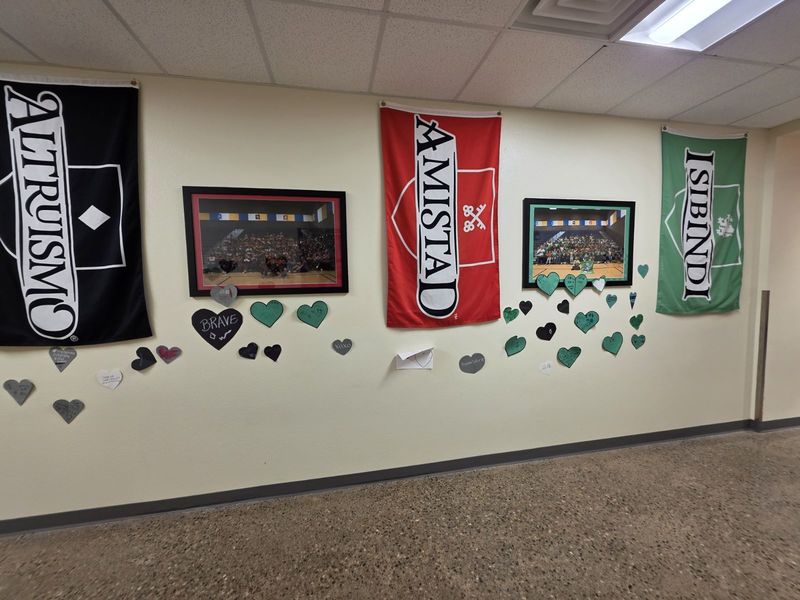 House flags on the wall and hearts decorated